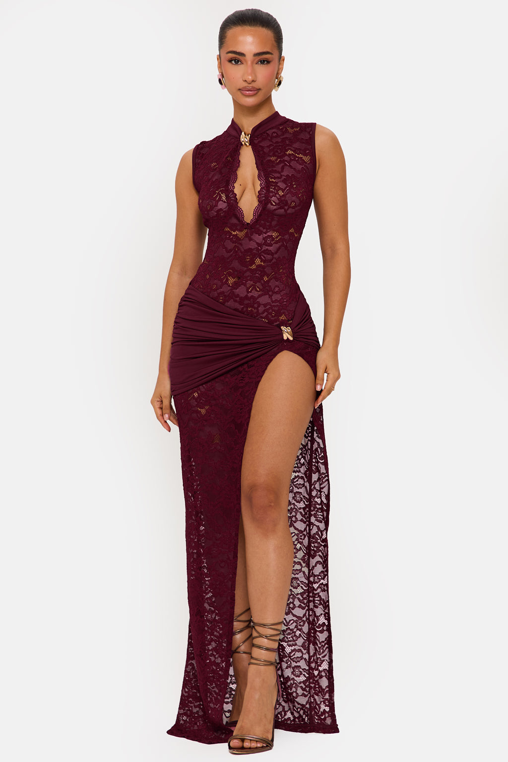 ONYX DRESS LACE KEYHOLE MAXI DRESS IN WINE