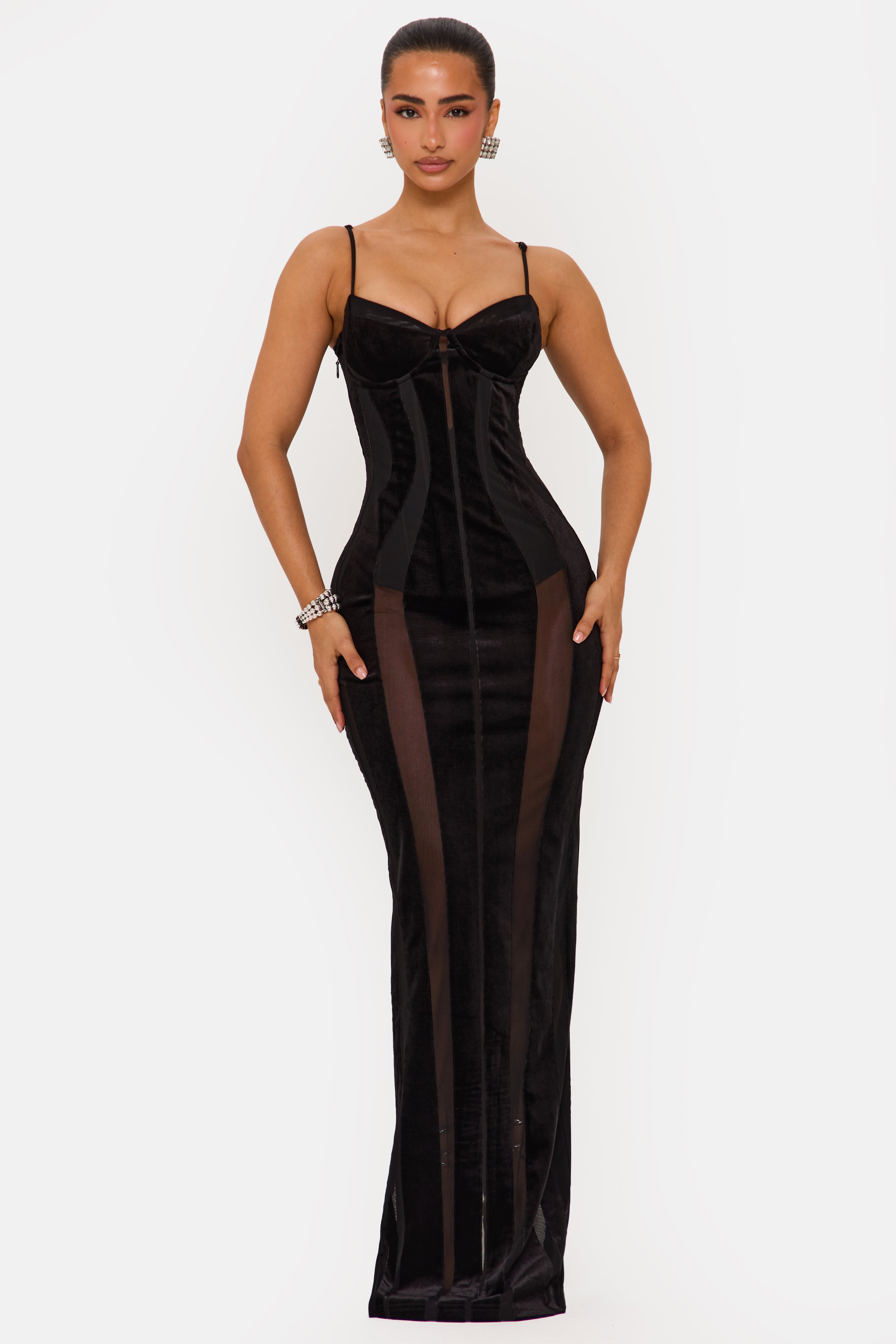 SCANDAL BLACK VELVET PANELLED MAXI DRESS
