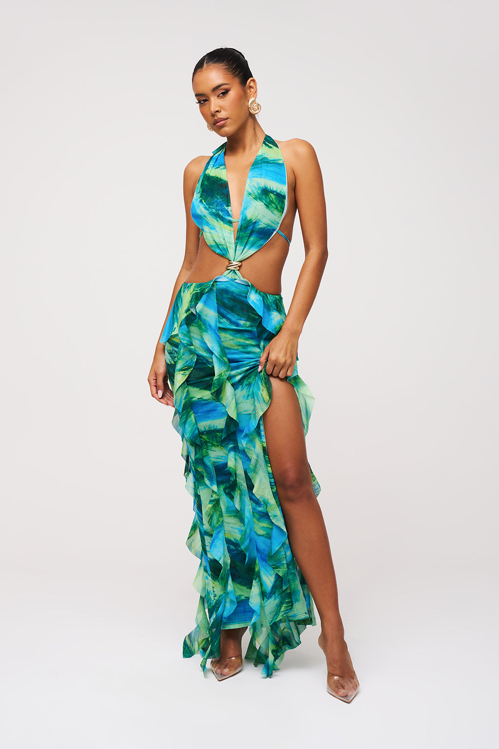 Deep v ruffle dress sales