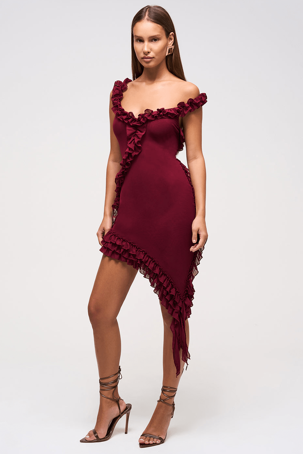 fitted lace wedding dress AMANI ASYMMETRIC RUFFLE DRESS – Murci