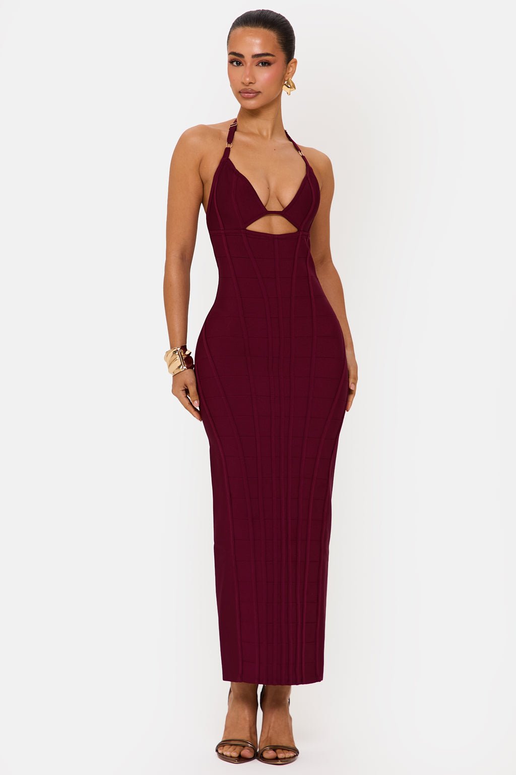 ARABELLA BURGUNDY HALTERNECK BANDAGE MIDAXI DRESS  Murci