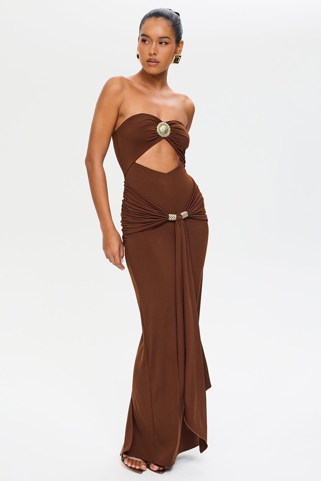 et.UNiVER Tornade pencil dress ブラウン　S GEMINI DRAPE DETAIL BANDEAU MAXI DRESS IN BROWN – Murci
