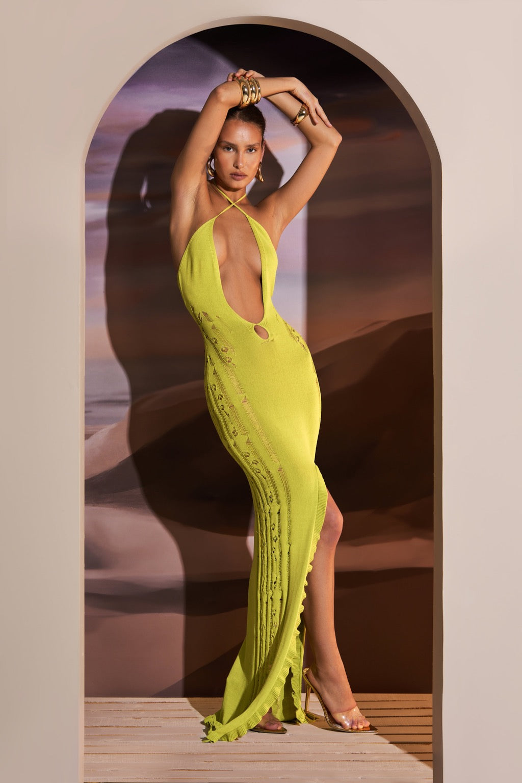 DEEP V NECK KNITTED MAXI DRESS IN CHARTREUSE