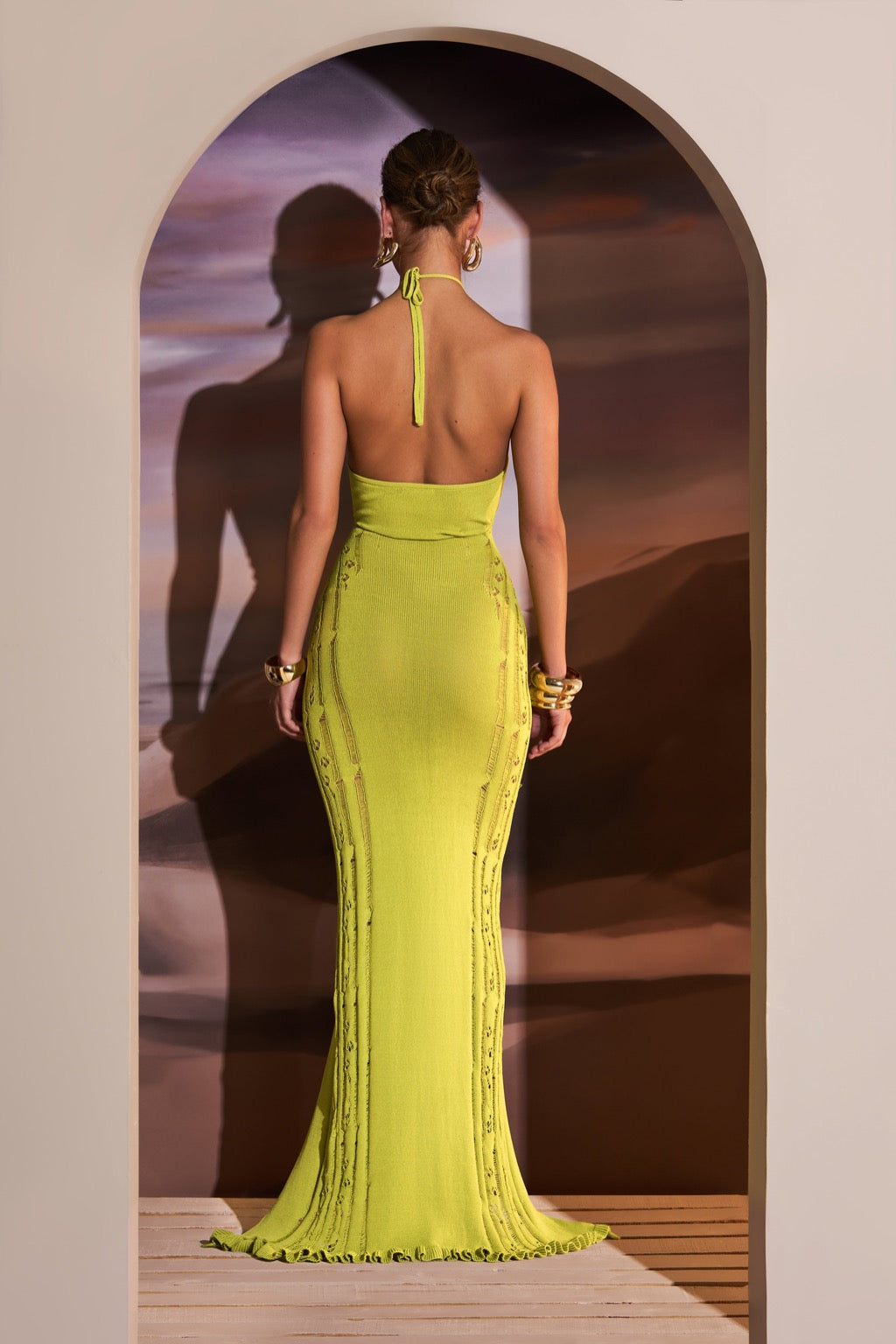 DEEP V NECK KNITTED MAXI DRESS IN CHARTREUSE