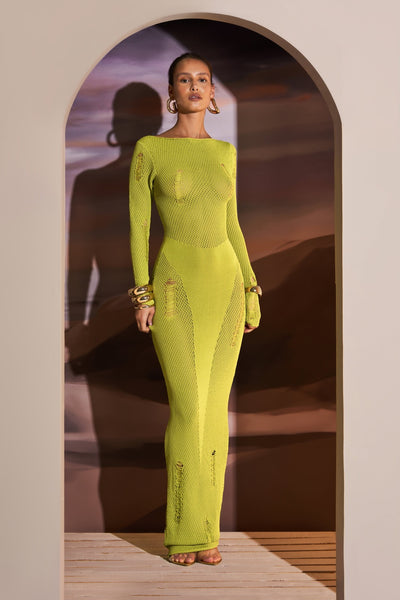 DEEP SCOOP BACK KNITTED MAXI DRESS IN CHARTREUSE