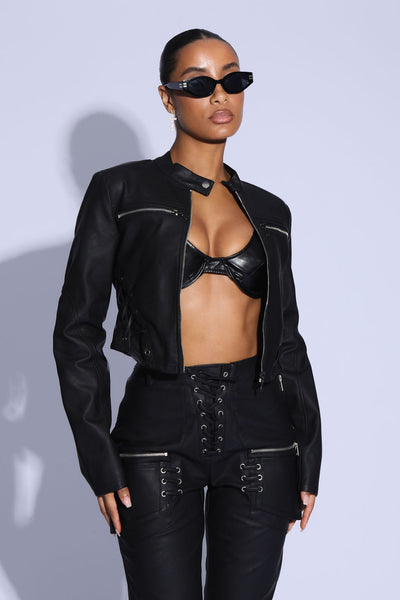 PU LACE UP CROPPED JACKET IN MIDNIGHT BLACK